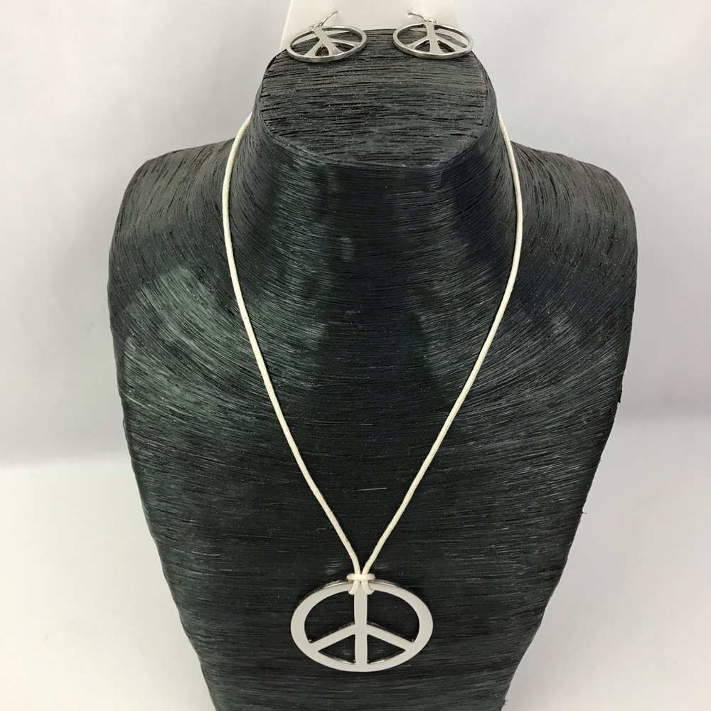 Peace Sign Necklace and Earring silvertone set New